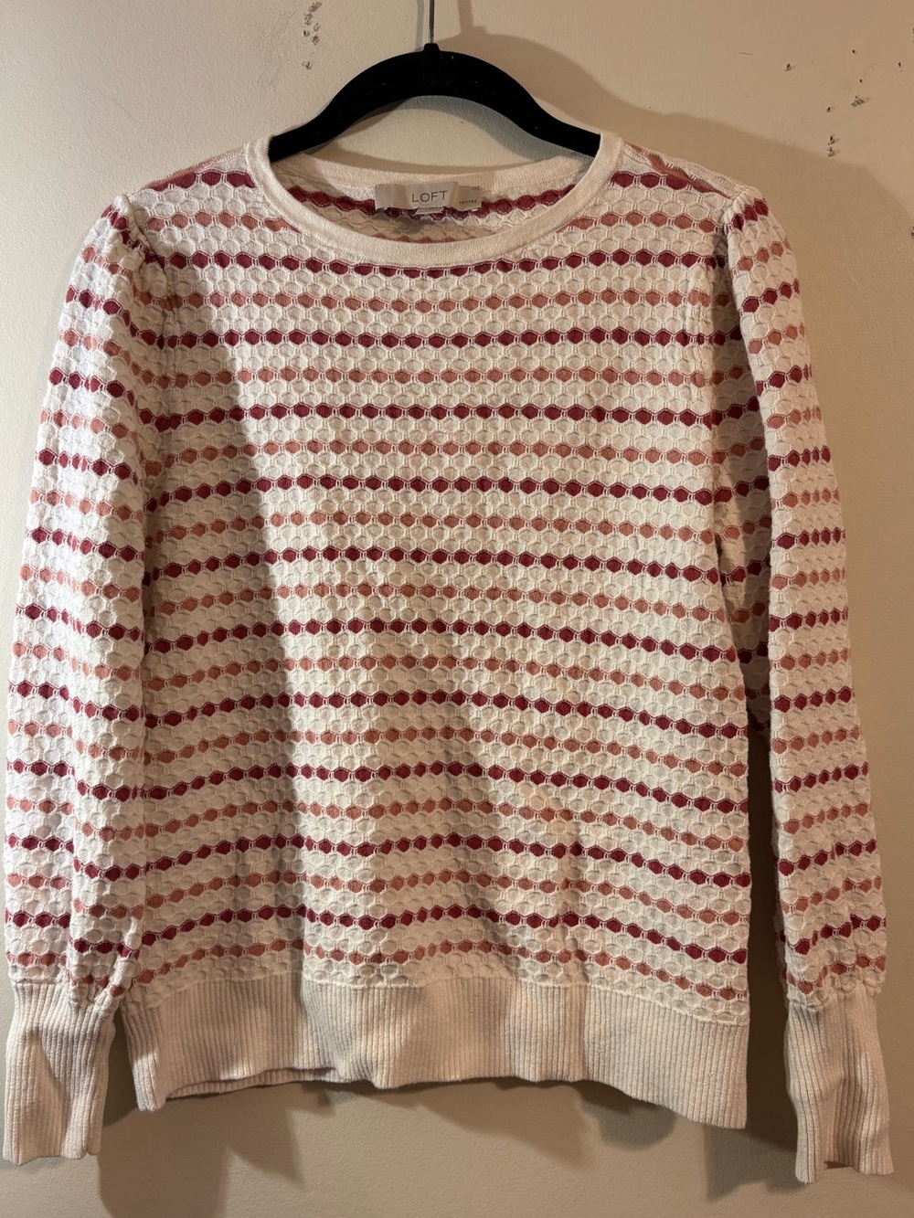 LOFT sweater women’s large petite Stripe Textured cotton Sweater cream rose dot